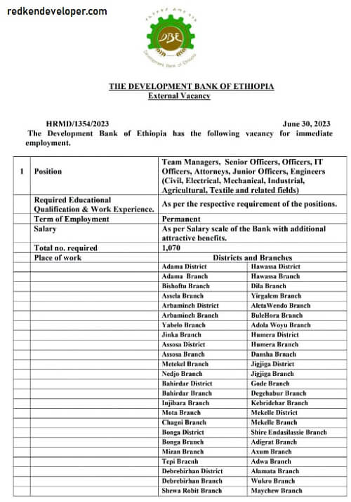 Development Bank of Ethiopia Vacancy 2023